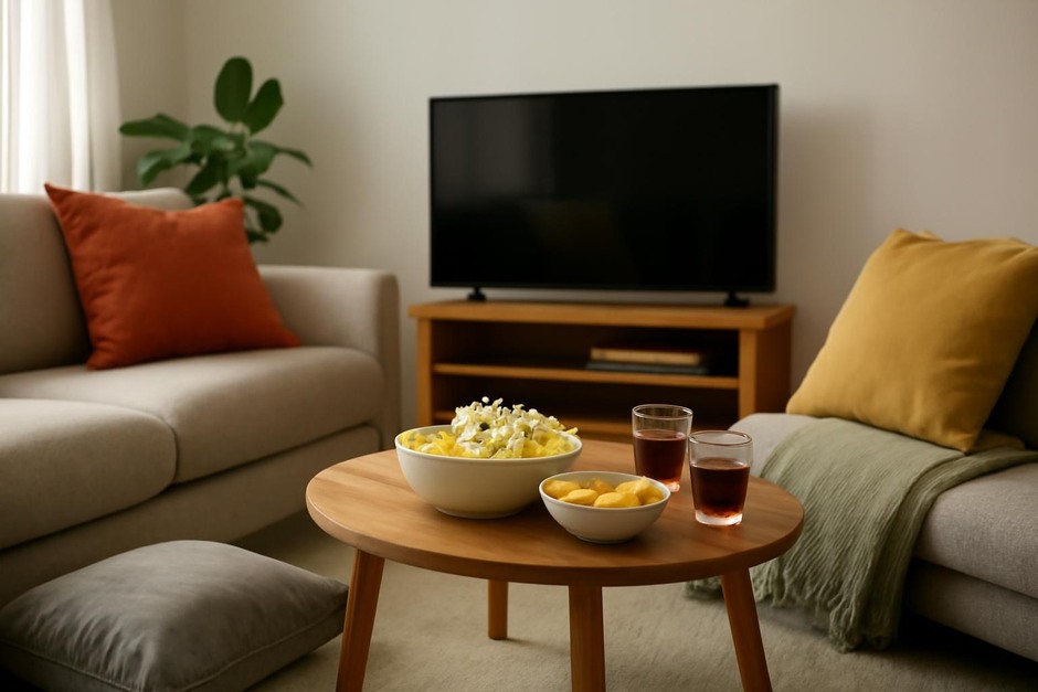 Small living room set up for a cozy TV night with cushions and snacks